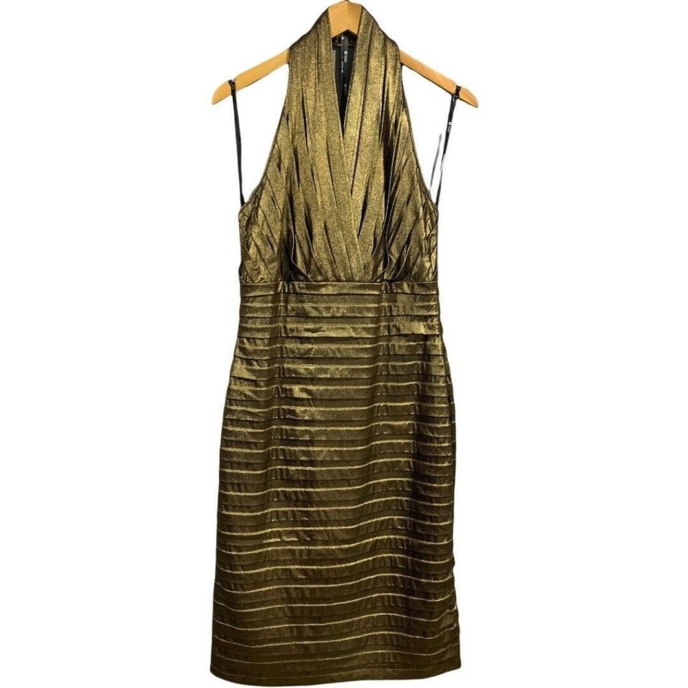 Tadashi Collection Metallic Bronze Plunging Halter Midi Cocktail Dress Size L